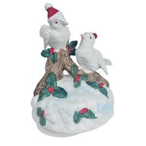 White Birds w/Santa Hats Snow Holly Christmas Music Box Plays Deck the Halls!